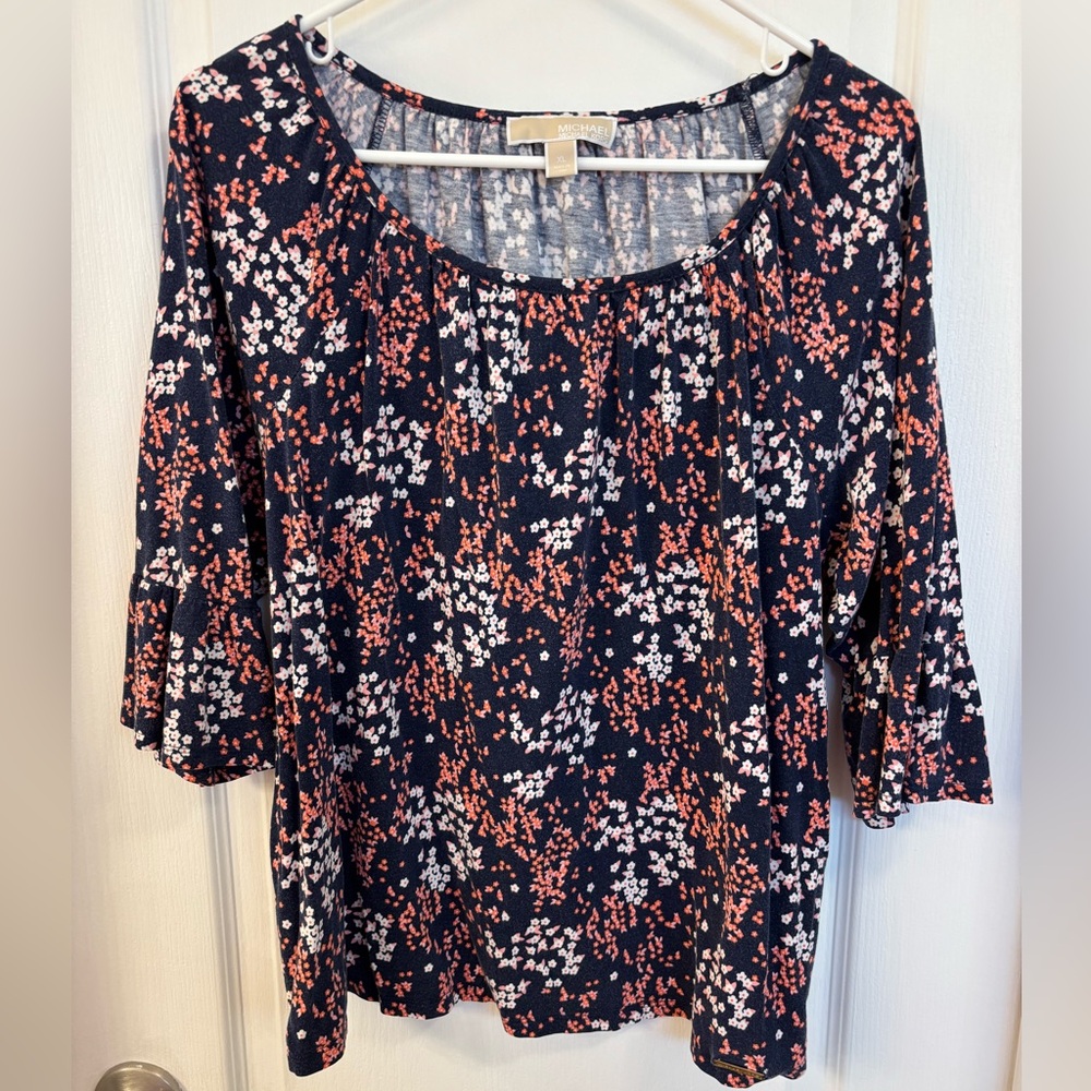 Michael Kors Women’s Navy, Orange & White Floral Blouse Size XL